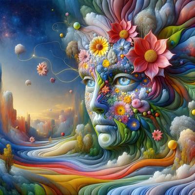 The primary subject of the image is a face with a vibrant and colorful design. The face is adorned with a variety of flowers, creating a visually striking and artistic appearance. The setting is a landscape with a mountain in the background, adding depth and dimension to the scene. The visual style is a combination of digital art and illustration, showcasing the artist's creativity and skill in blending different elements to create a unique and captivating image. The colors and mood of the image are pre